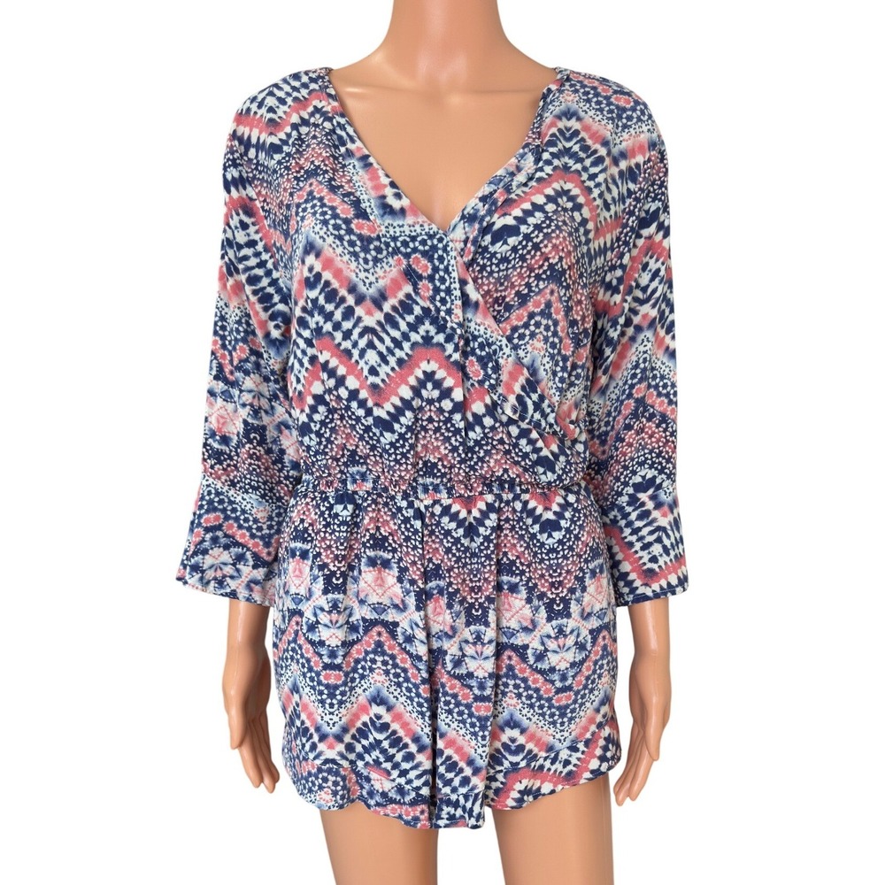 Derek Heart Womens Blue Red Ikat Chevron Surplice Romper Size L Boho Bell Sleeve